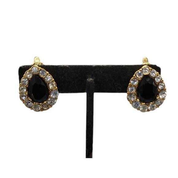 Trifari Teardrop Clip-On Earrings 1990s Black & Clear Rhinestones Gold-Tone VTG - Picture 1 of 15